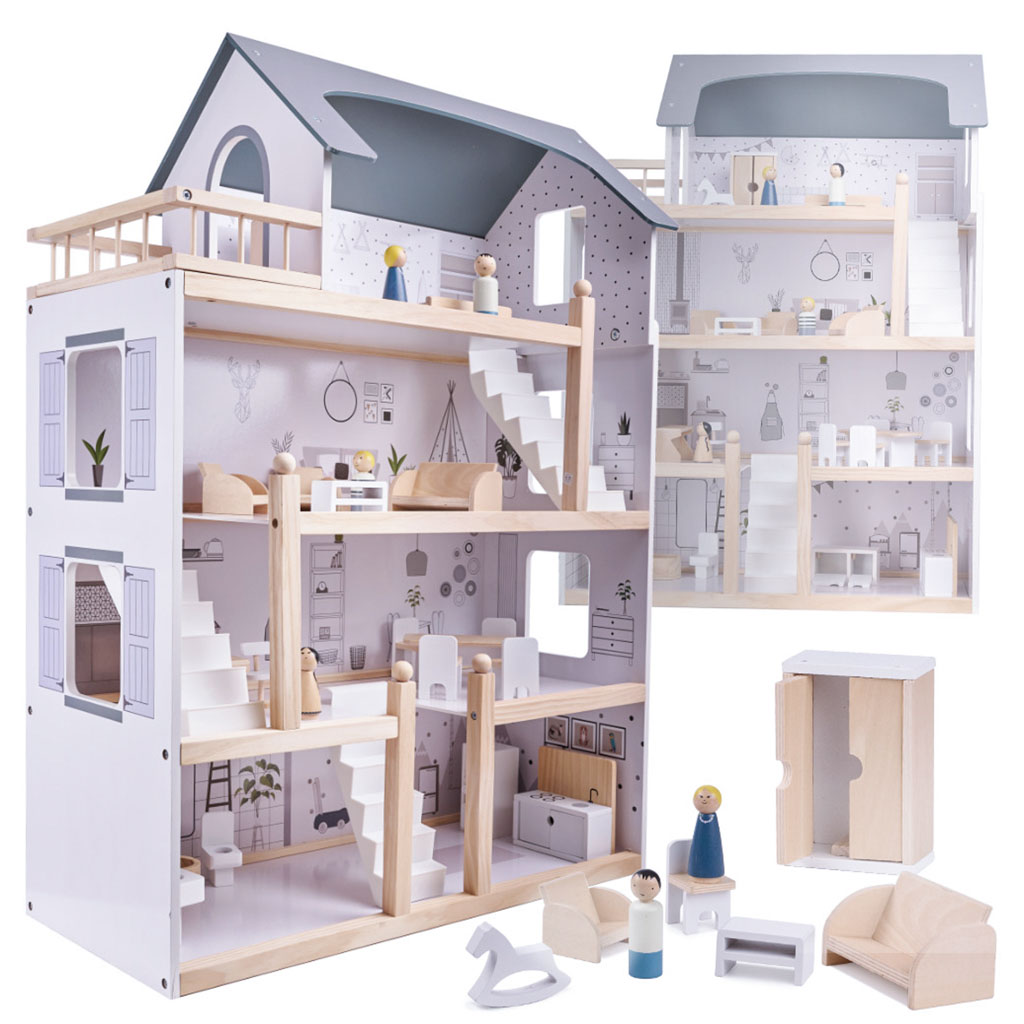 IKONKA 80cm Holzpuppenhaus mit Möbeln