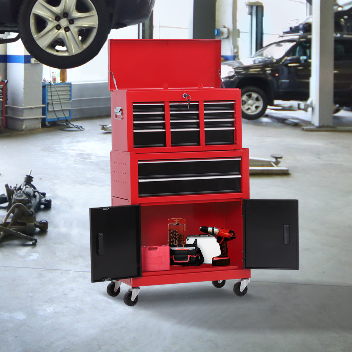 HOMCOM Werkzeugschrank mit Werkzeugkiste, rollbar, 6 Schubladen, Metall, Rot – Produktabbildung 2