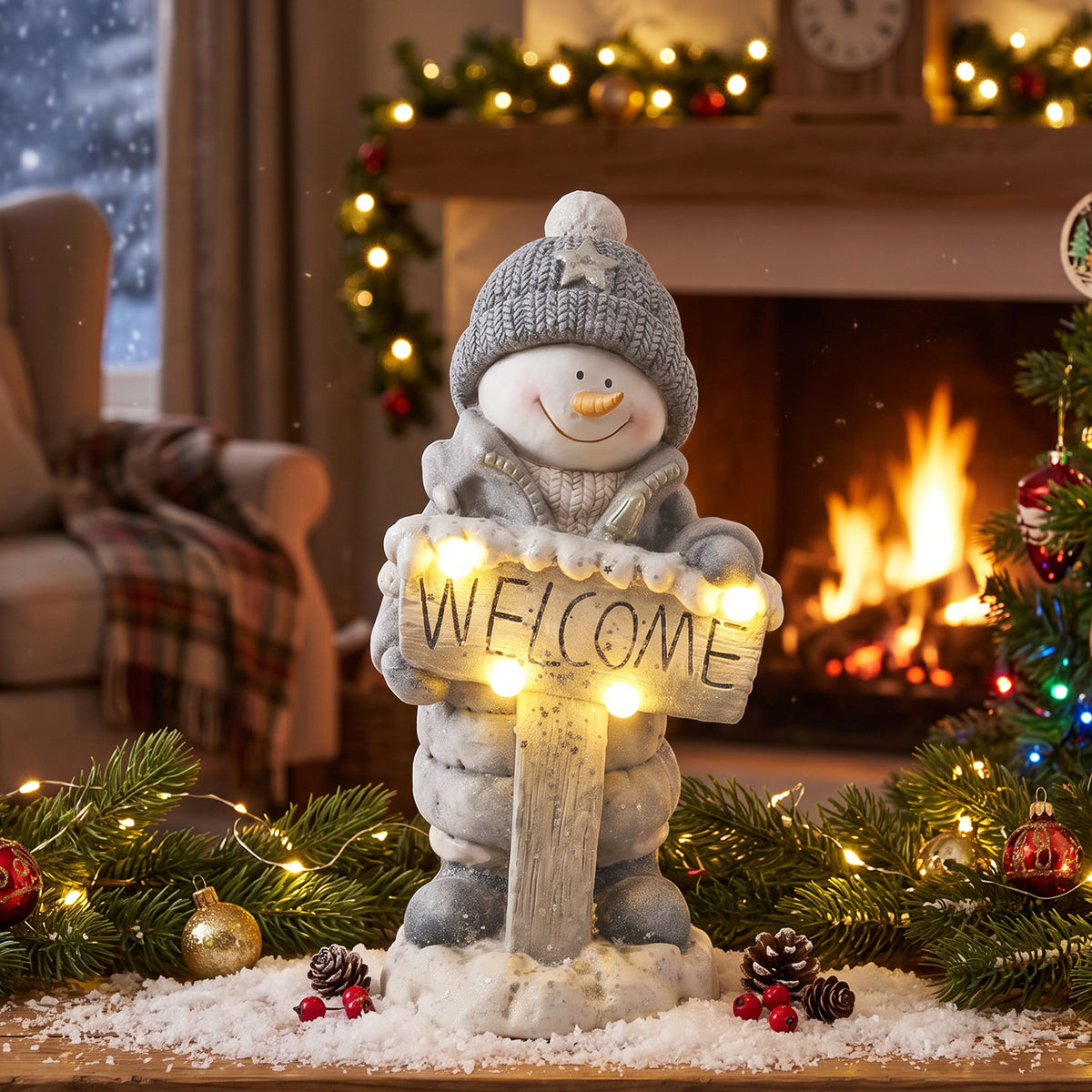 HOMCOM Weihnachtsdeko Schneemann-Figur, beleuchtete Weihnachtsstatue aus MGO mit Welcome-Schild, LEDs – Produktabbildung 2