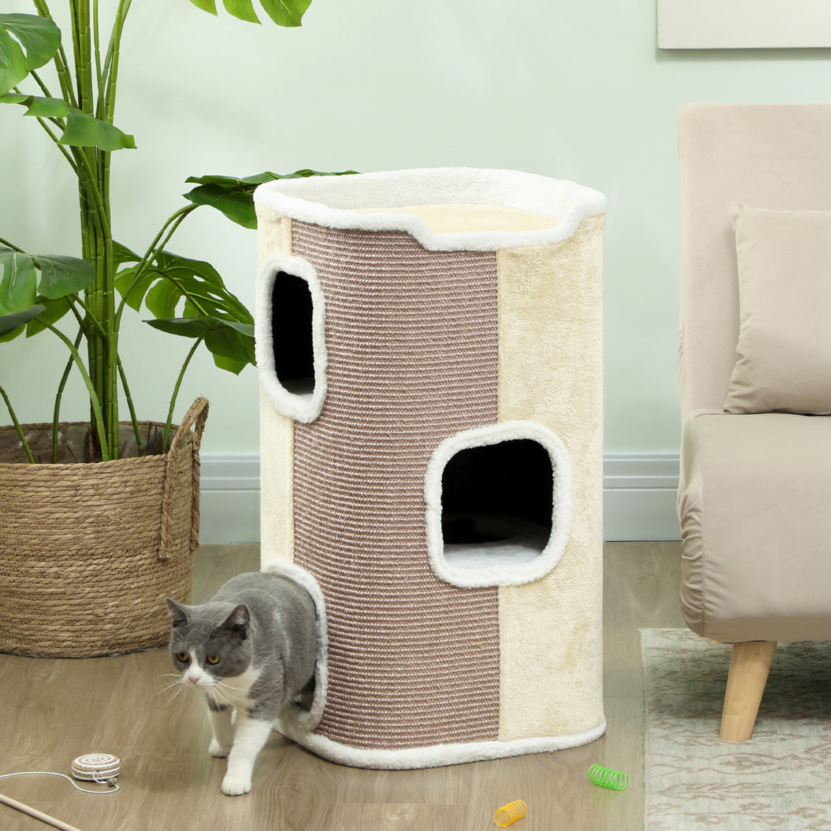PawHut Kratztonne für Katzen, Katzenbaum, 3 Ebenen, robust, weicher Plüsch, Rückzugsort, Beige – Produktabbildung 2