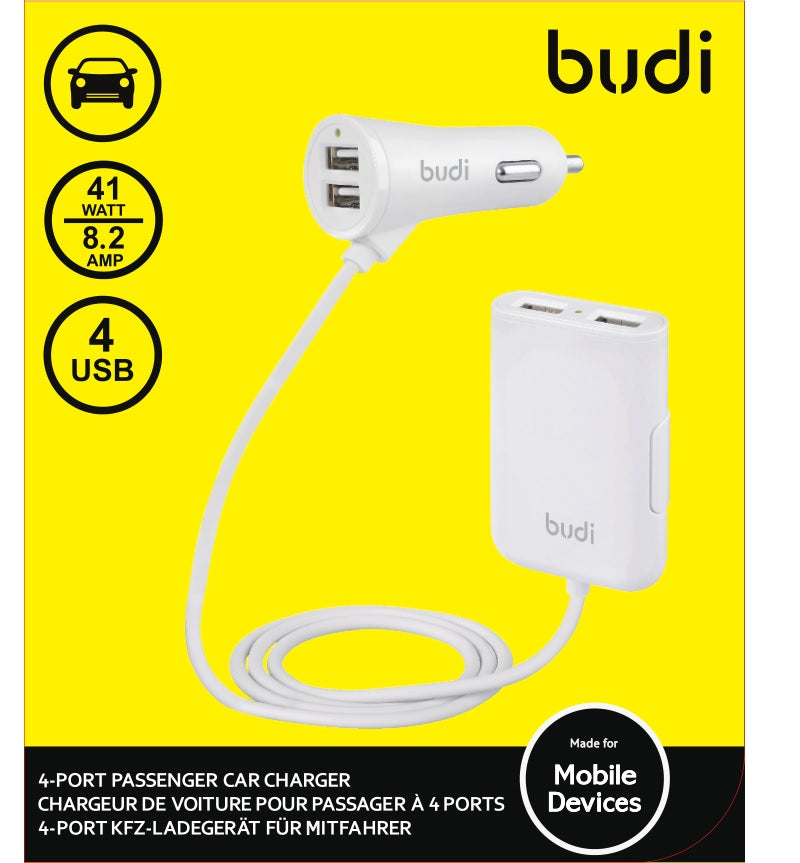Budi - Autoladegerät 4x USB, 41W + rozdvojka für Kabelu 1,8 m (weiß) – Produktabbildung 2