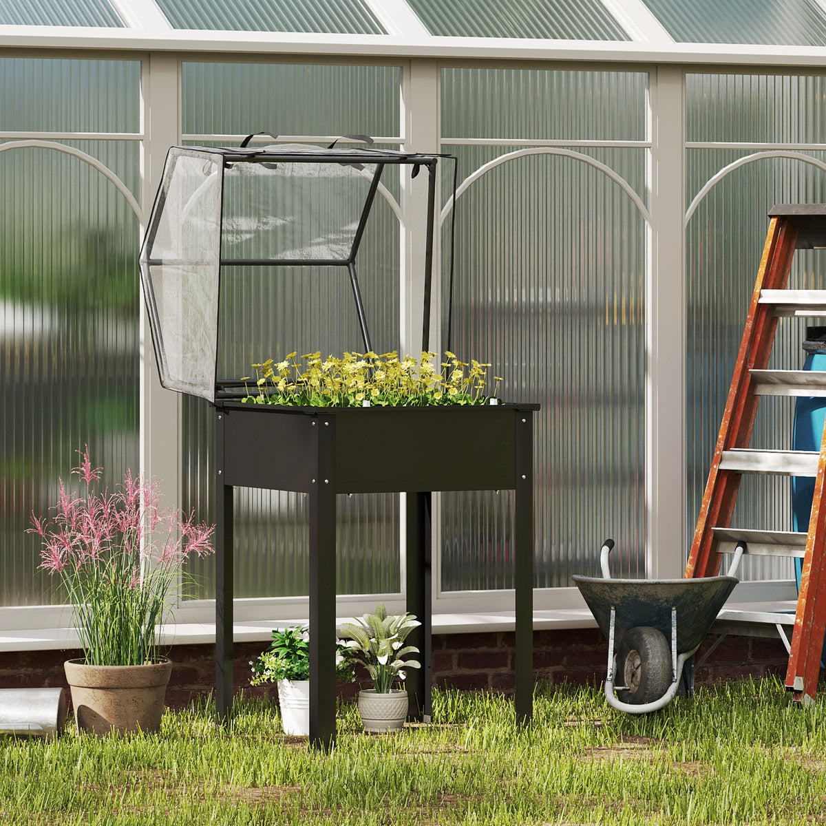 Outsunny Hochbeet mit Gewächshaus-Dach, Erhöhte Pflanzenbox mit Ablauflöchern, 60 x 60 x 120 cm, Schwarz – Produktabbildung 2