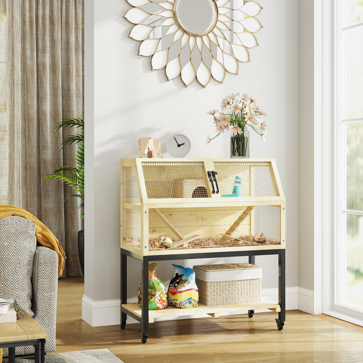 PawHut Zwerghamsterkäfig aus Holz mit Ablagefach, Rädern, Rampen, Wasserflasche, Hütte, Wippen, 87 x 43 – Produktabbildung 2
