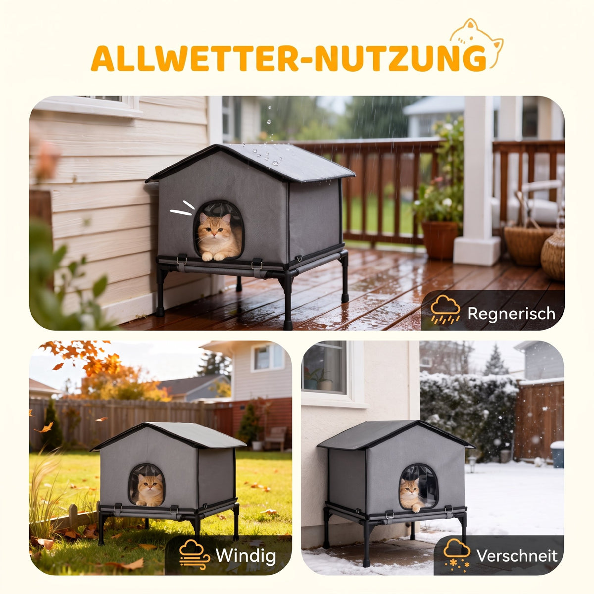 PawHut Katzenhaus klappbar Katzenhütte mit Kissen, Erhöhtes wasserabweisend Katzenhöhle 62 x 58,5 x 60 – Produktabbildung 5