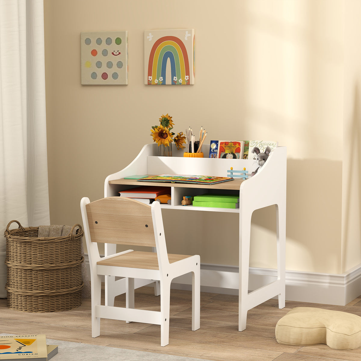 Kinder-Schreibtisch-Set mit Stauraum, offene Fächer, Stuhl, 3-8 Jahre, Holz – Produktabbildung 2