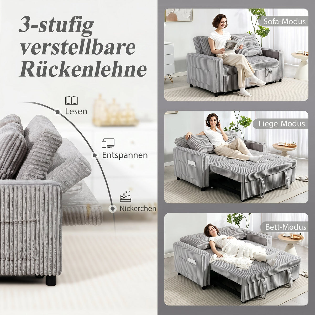 HOMCOM 2-Sitzer Sofabett, Cordbezug, zum Schlafsofa umwandelbar, 2 Kissen, Seitentaschen, 157 x 190 cm – Produktabbildung 5