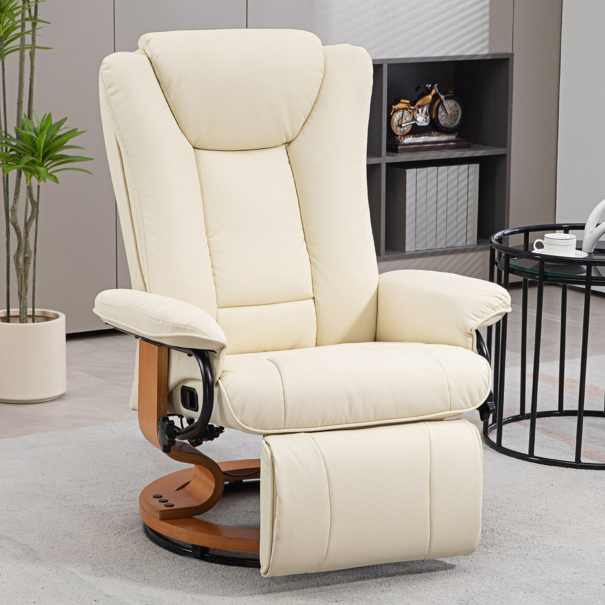 HOMCOM Relaxsessel mit Liegefunktion, drehbar, bis 150 kg, Kunstlederbezug, Stahlrahmen, Cremeweiß – Produktabbildung 2