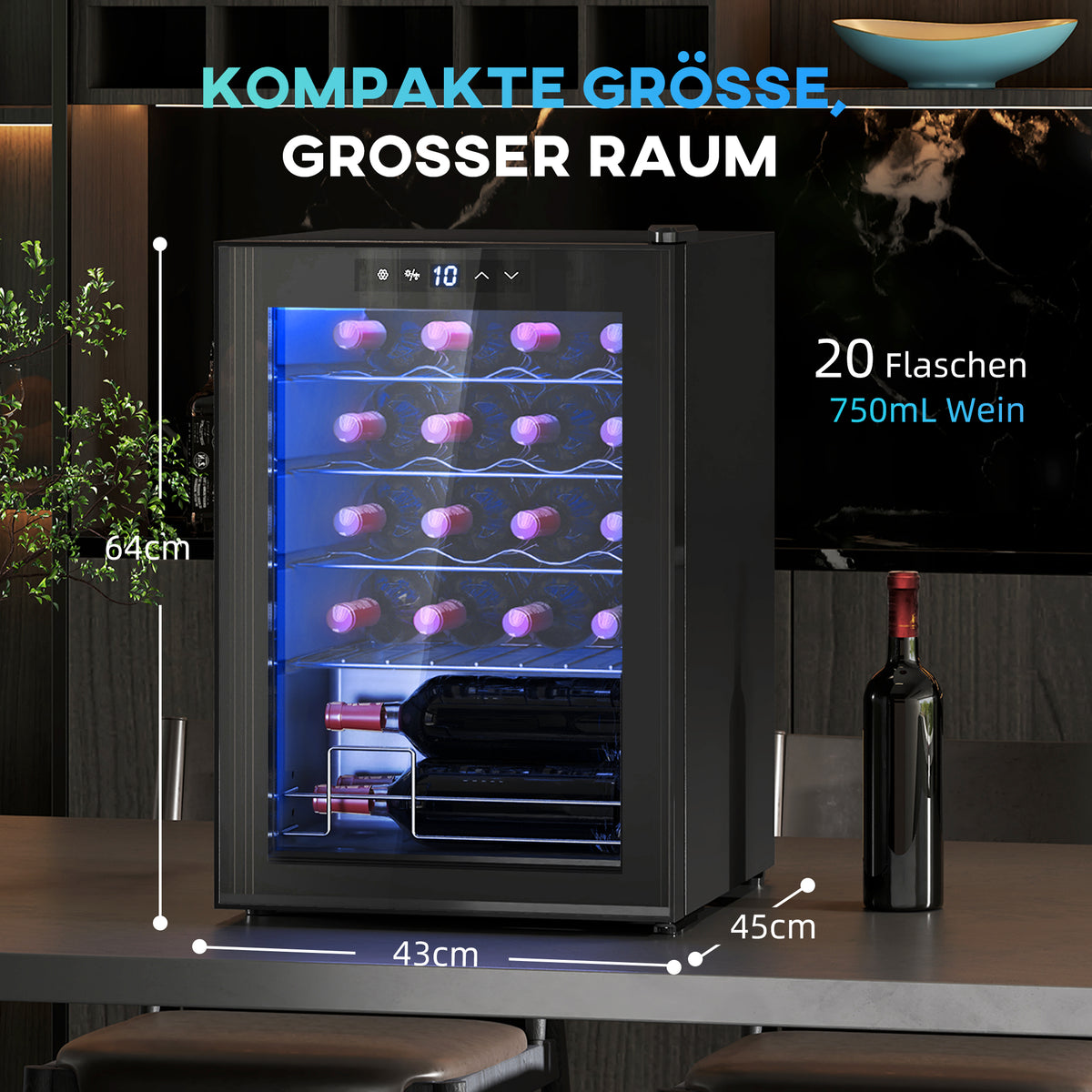 HOMCOM Kleiner Weinkühlschrank, Mini-Kühlschrank für 20 Flaschen, 53 Liter Kapazität, mit Glastür – Produktabbildung 3