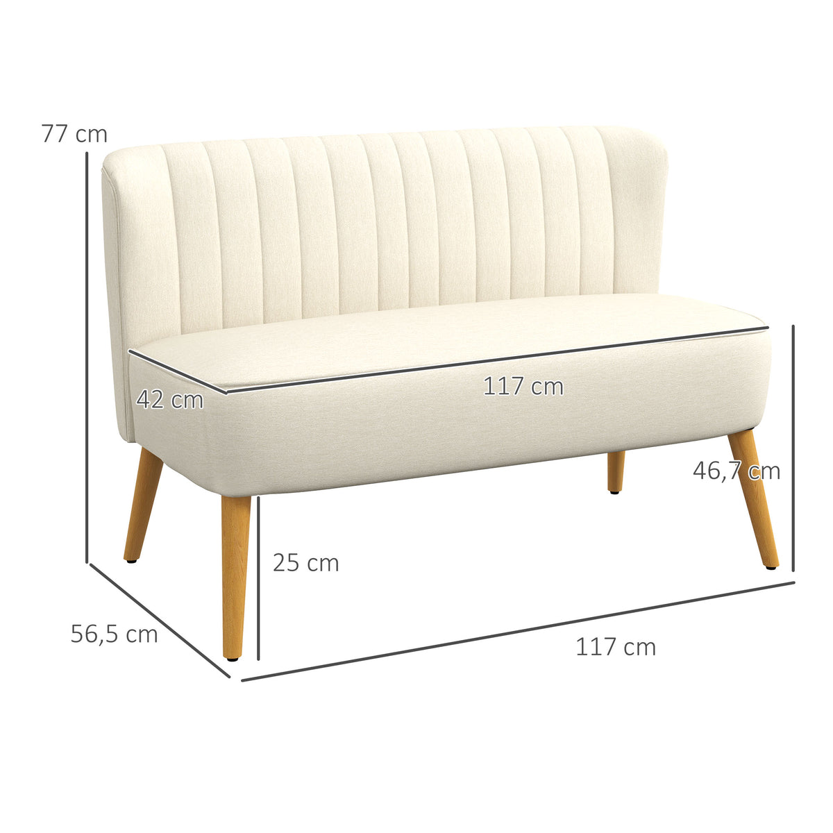 HOMCOM 2-Sitzer Sofa, weiche Polsterung, pflegeleichter Bezug, bis 220 kg, 117 x 56,5 x 77 cm, Cremeweiß – Produktabbildung 3