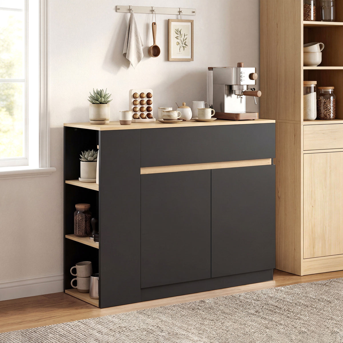 HOMCOM Sideboard, Buffet, großes Schrankfach, 3-stufiges Regal, Schublade, schwarz, 110 x 29,5 x 82cm – Produktabbildung 8