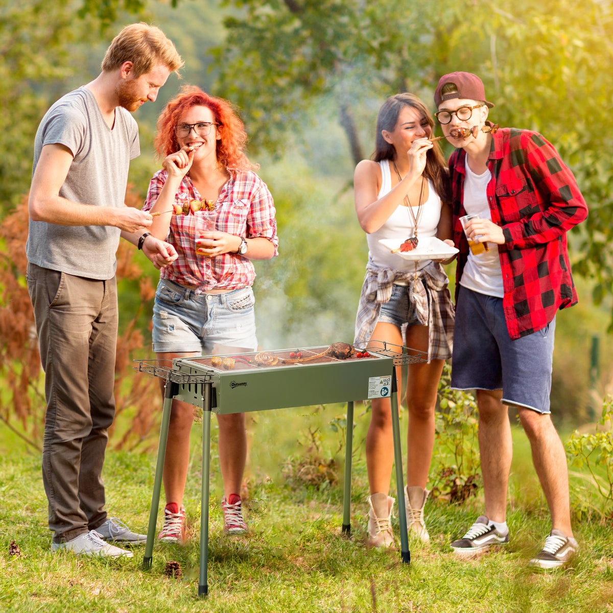 Outsunny Holzkohlegrill, 2x Grillrost, 1x Kohlegitter, 2x Seitenkorb, rostfreier Stahl, dunkelgrün, 94 x – Produktabbildung 2