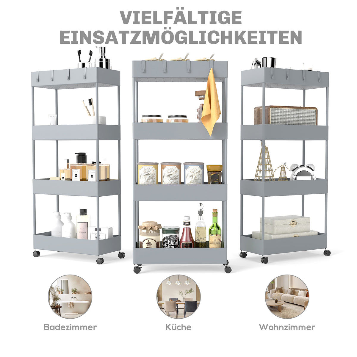 HOMCOM Küchenwagen mit 4 Regalen, 4 flexiblen Haken, 4 Rollen, 40 cm x 19 cm x 90 cm, Nischenwagen, Grau – Produktabbildung 6