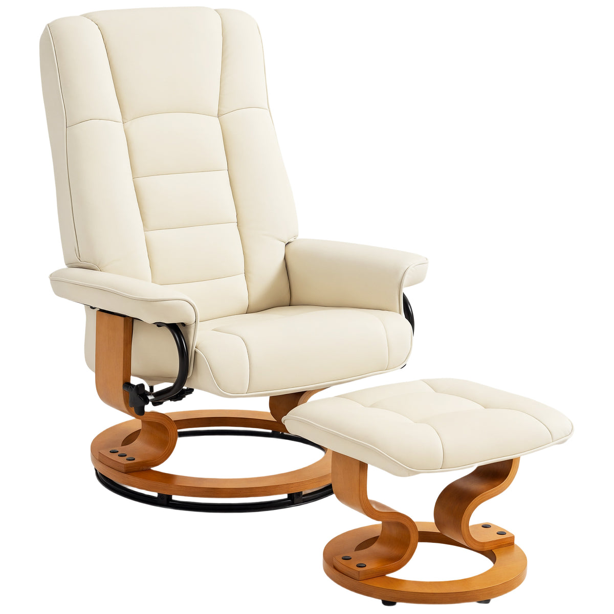 HOMCOM Relaxsessel mit Hocker, drehbar & neigbar, Kunstlederbezug, bis 150 kg, Holzgestell, Cremeweiß