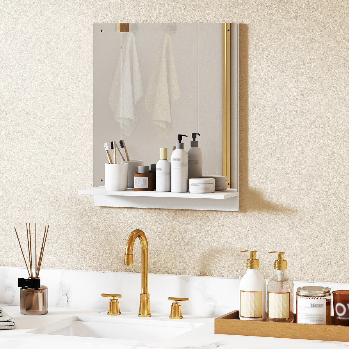 HOMCOM Badspiegel 50 x 60 cm Wandspiegel mit Regal, Badezimmerspiegel für Eingangsbereich, Flur, Weiß – Produktabbildung 2