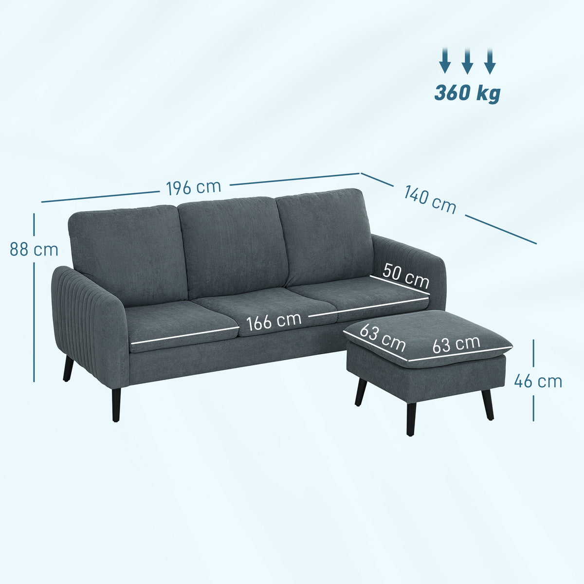 HOMCOM Ecksofa, 3-Sitzer-Sofa mit Fußhocker, Stoffbezug, L-förmiges Couch-Set, Dunkelgrau – Produktabbildung 3