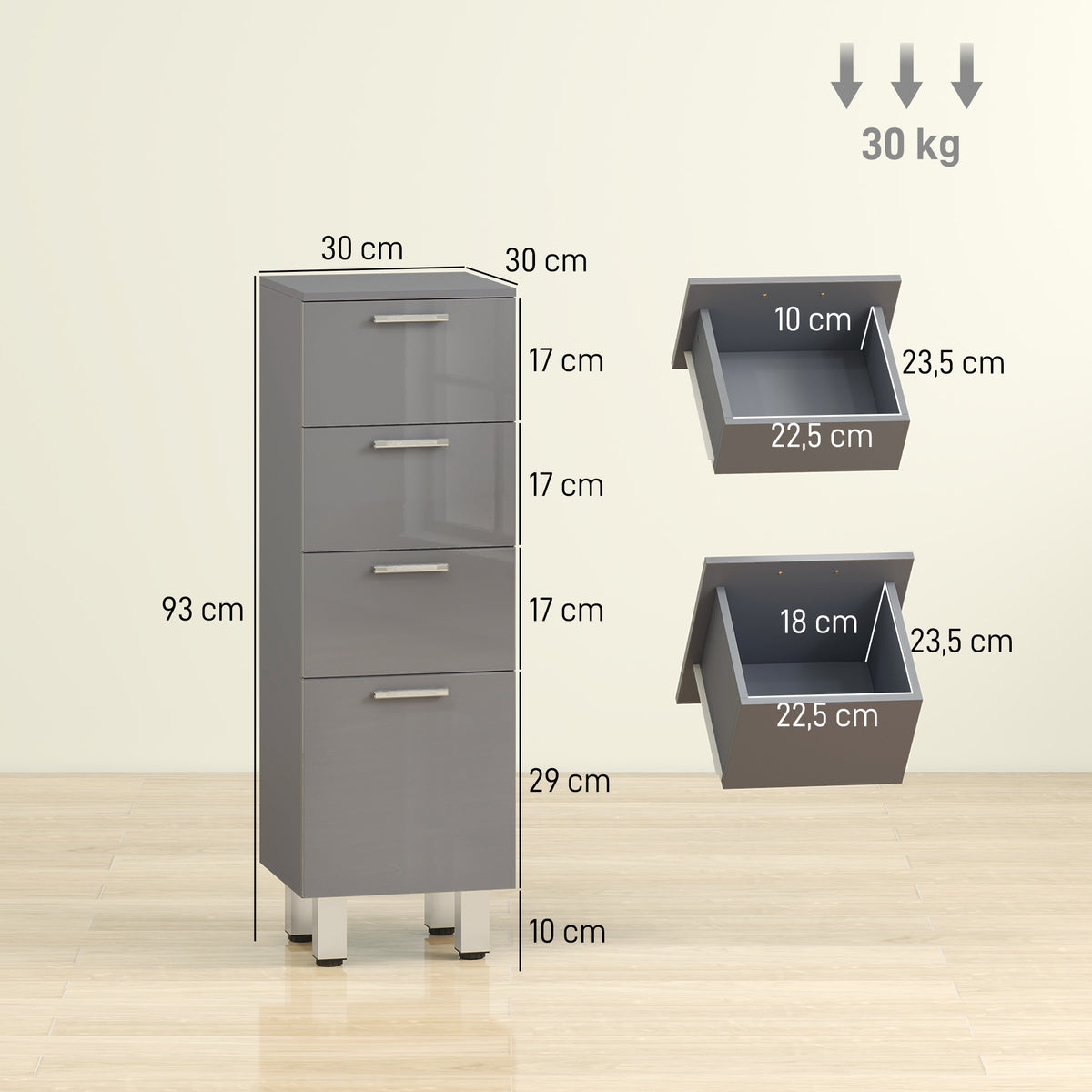 KleanKin Badezimmerschrank, Badschrank, 4 Schubladen, Spanplatte, glatt, Grau – Produktabbildung 3