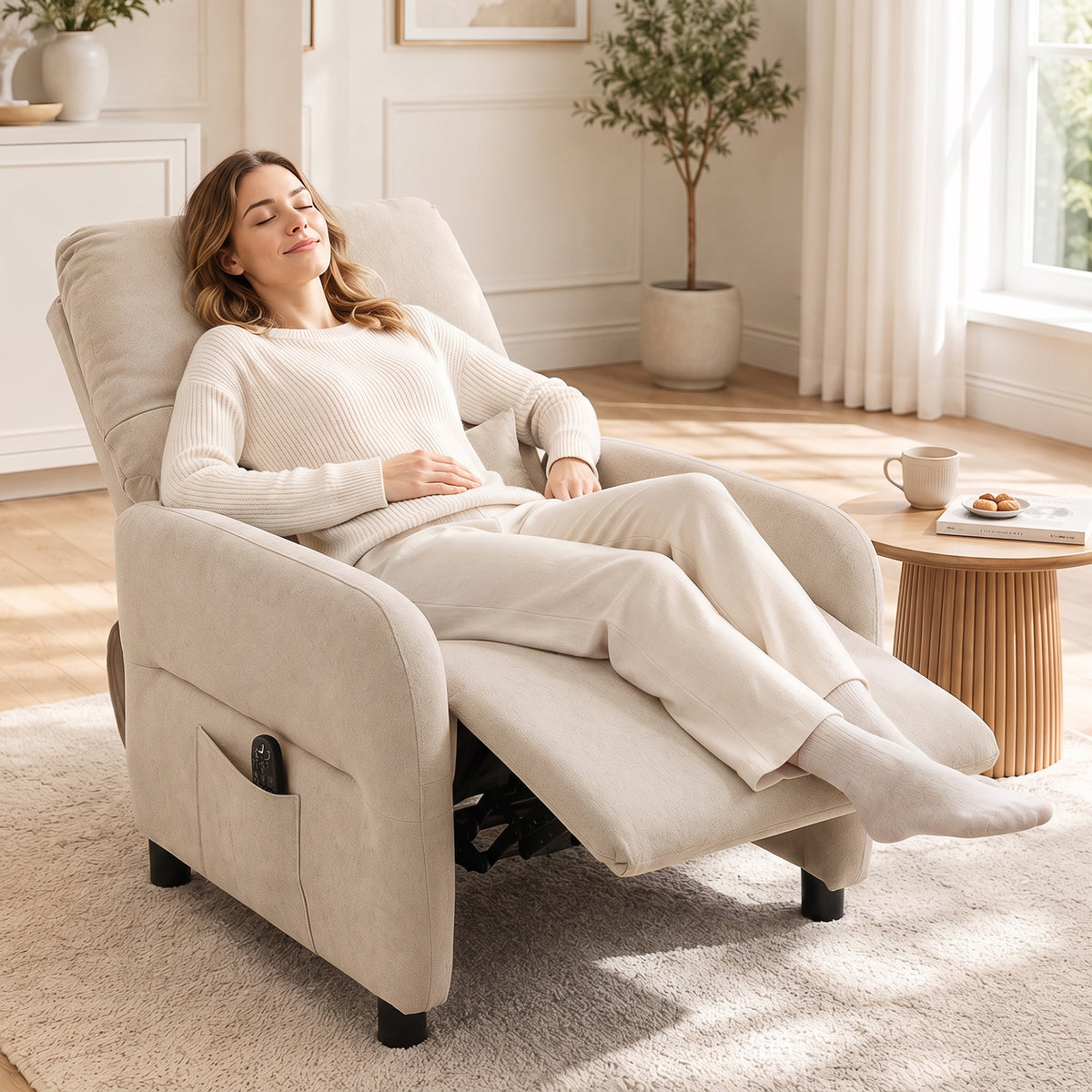 HOMCOM Relaxsessel mit Massage & Wärme, Liegefunktion, 2 Seitentaschen und ausziehbarer Fußstütze, Beige – Produktabbildung 2