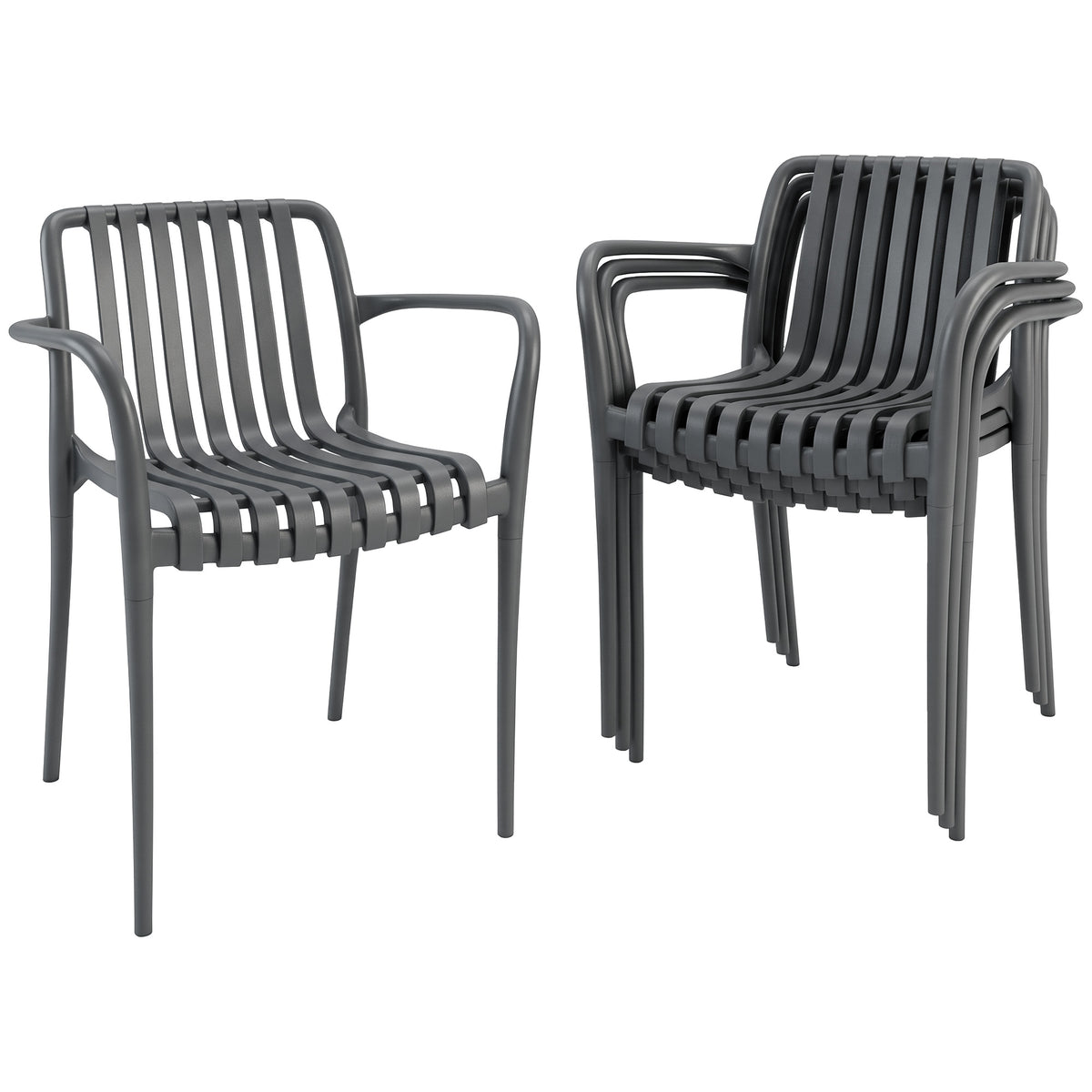 Outsunny Gartenstühle 4er Set Stapelbare Terrassenstühle mit Lamelldesign Armlehnen, Ergonomisch Dunkelgrau
