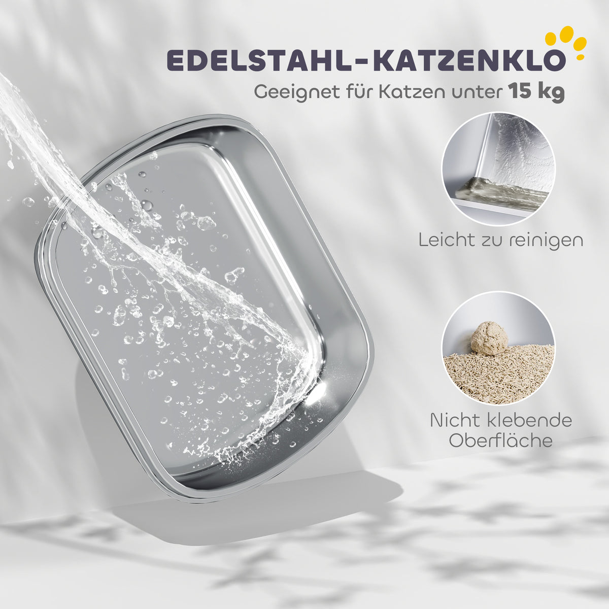 PawHut Katzenklo Edelstahl, Katzentoilette mit hohem Rand, Wanne, inklusive Schaufel, für große Katzen – Produktabbildung 4