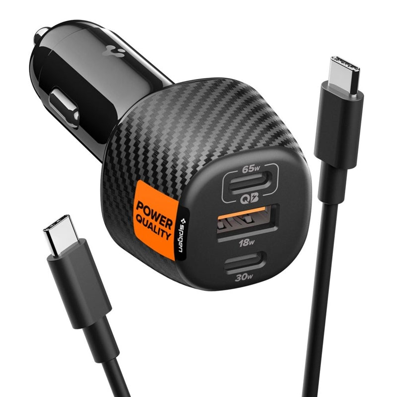 Spigen Essential EV1133 – Autoladegerät 2x USB-C PD a USB-A QC3.0 113W + 100W, Kabel USB-C, 1m (schwarz)