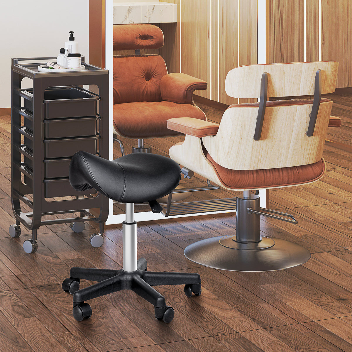 HOMCOM Rollhocker, sattelförmiger Sitz, höhenverstellbar, um 360° drehbar, Kunstleder, schwarz, 35 x 38 – Produktabbildung 2