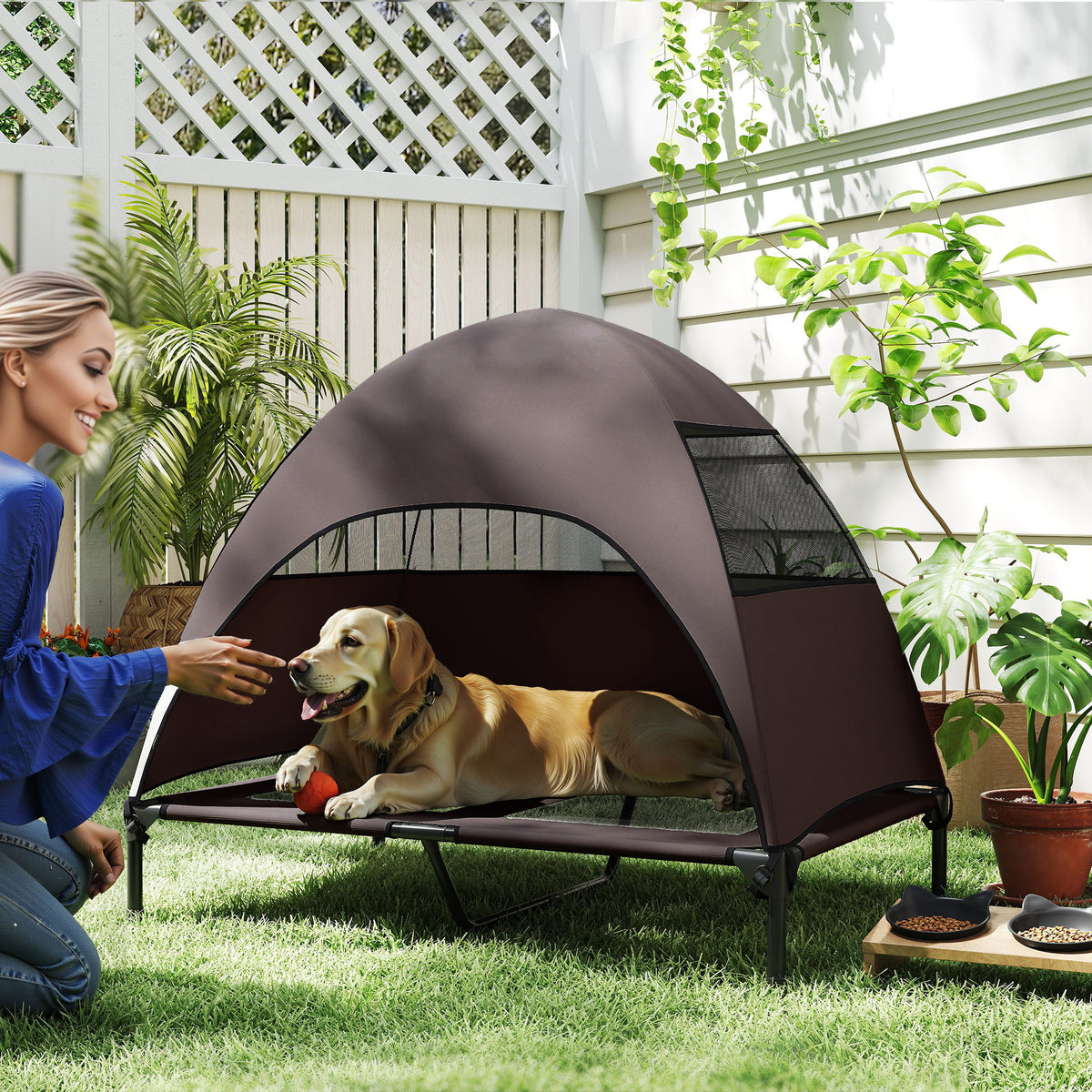 PawHut Hundeliege Outdoor mit Dach, Erhöhtes Hundebett für Große Hunde, 106 x 76 x 99 cm, Kaffee – Produktabbildung 2