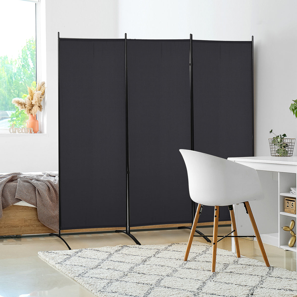 HOMCOM Raumteiler, 3-teiliger Sichtschutz, Raumtrenner mit Metallrahmen, Schwarz – Produktabbildung 2