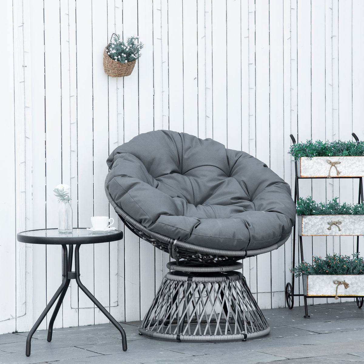 Outsunny Papasansessel Korbsessel Sessel mit Polster 360 Grad Rattan Grau B87 x T97 x H86 cm – Produktabbildung 2