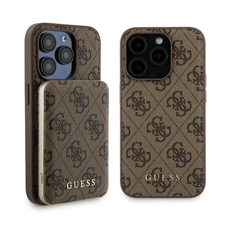 Guess Bundle Pack MagSafe 4G Metal Gold Logo - Set pouzdra + Power Bank 5000mAh MagSafe iPhone 15 Pro (braun)