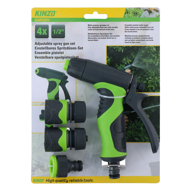 Kinzo - Zavlažovací Set für zahradu, stříkací pistole s regulací průtoku plus 1/2" spojky (4 Stk.)