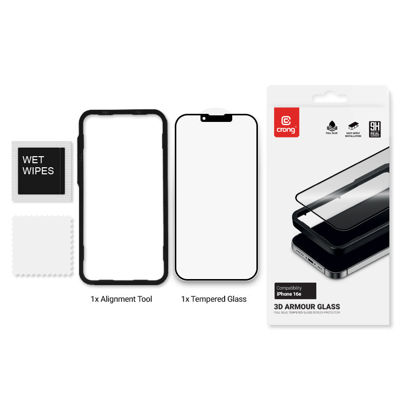 Crong 3D Armor Glass - gehärtetes Glas für iPhone 17e / 16e / 14 / 13 / 13 Pro + Montage- Rahmen – Produktabbildung 2