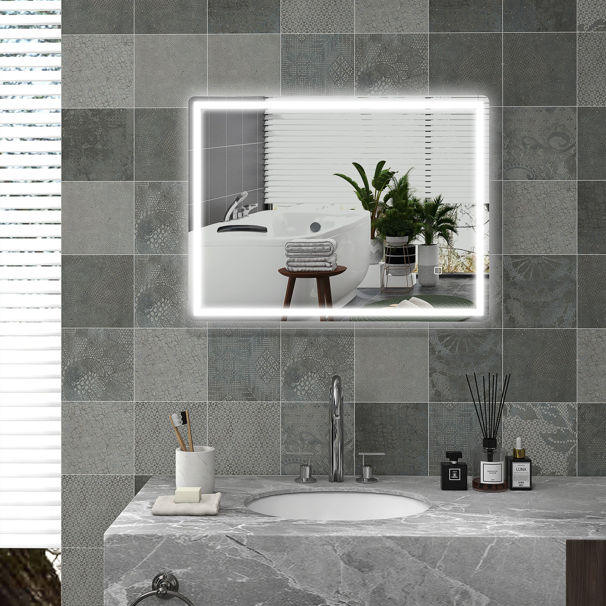 HOMCOM Badspiegel Badezimmerspiegel Wandspiegel LED´s. Ber, gsschalter, Antibeschlagfunktion, 60 x 80 x – Produktabbildung 2