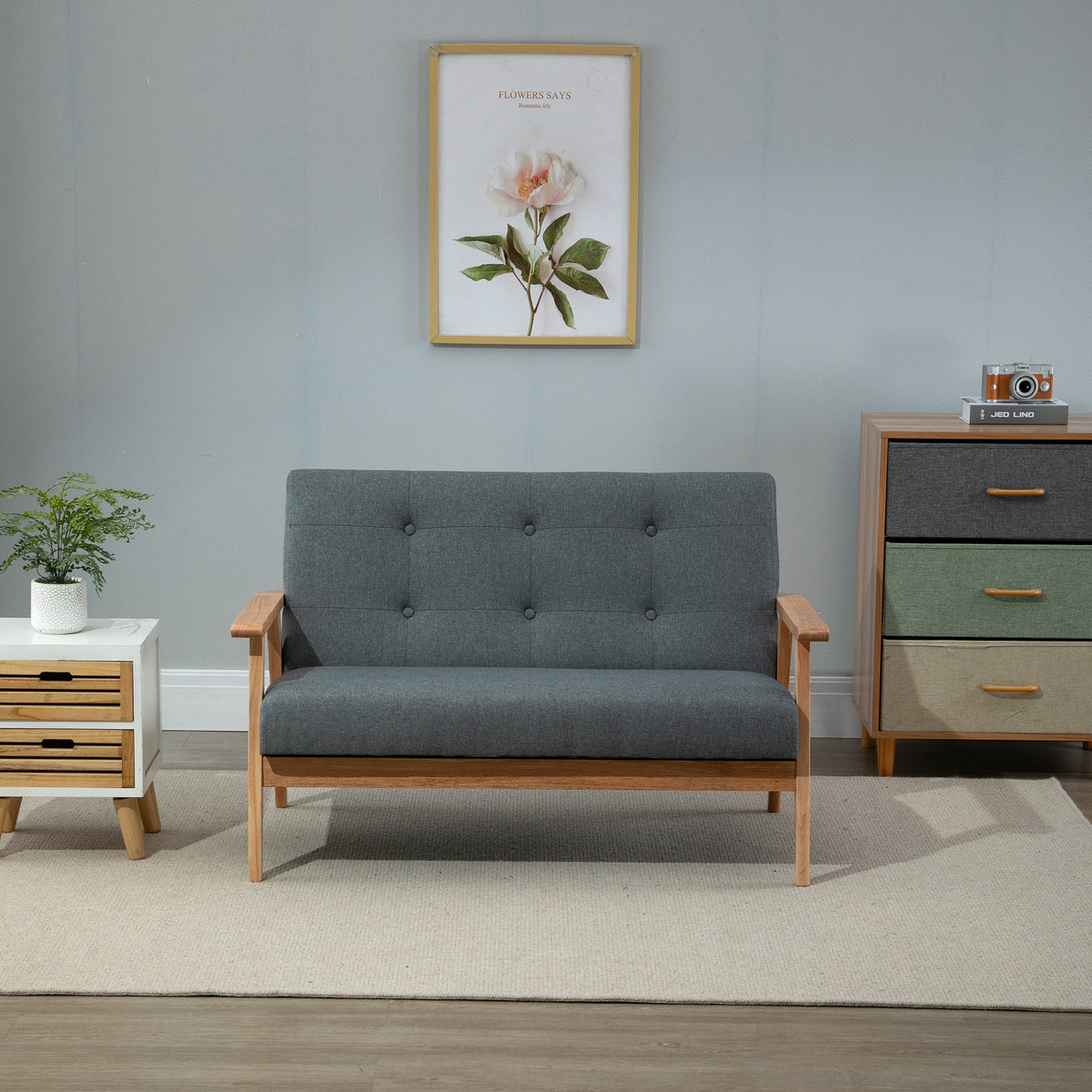 HOMCOM Sofa 2 Sitzer, 115 cm Couch mit Armlehnen, Rückenlehne, Kleine Polstersofa mit Leinenoptik – Produktabbildung 2