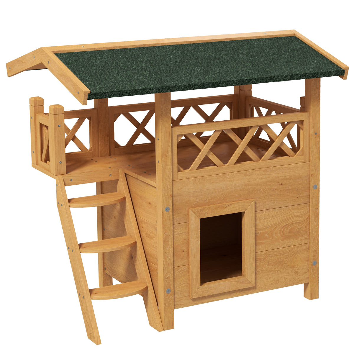 PawHut Katzenhaus Katzenhütte Haustierhütte, Asphaltdach, 2 Ebenen, 1 Leiter, Natur + Grün