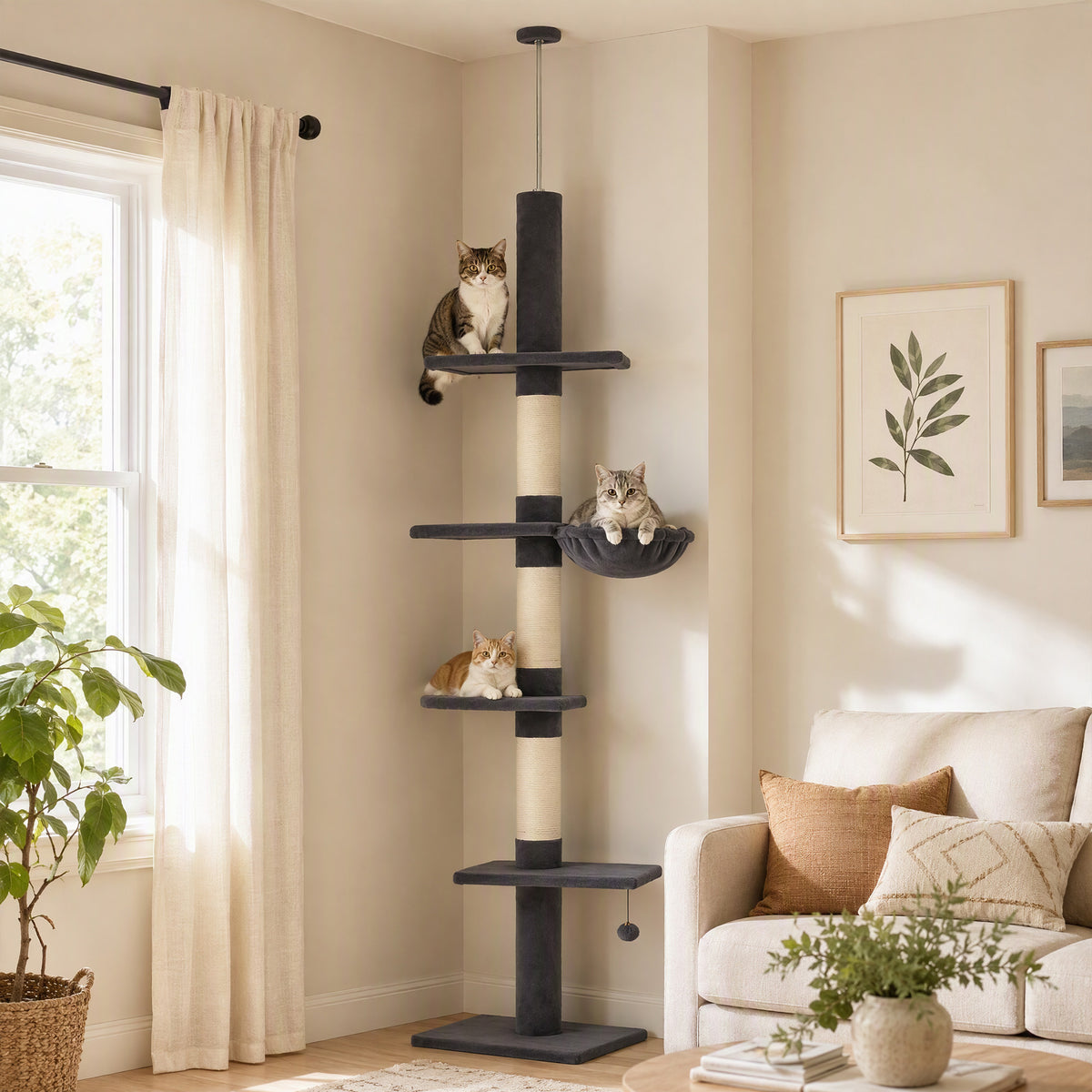 PawHut ratzbaum Deckenhoch 225-255 cm höhenverstellbar Katzenbaum mit 5 Etagen 3 Sisal-Kratzstämmen – Produktabbildung 2