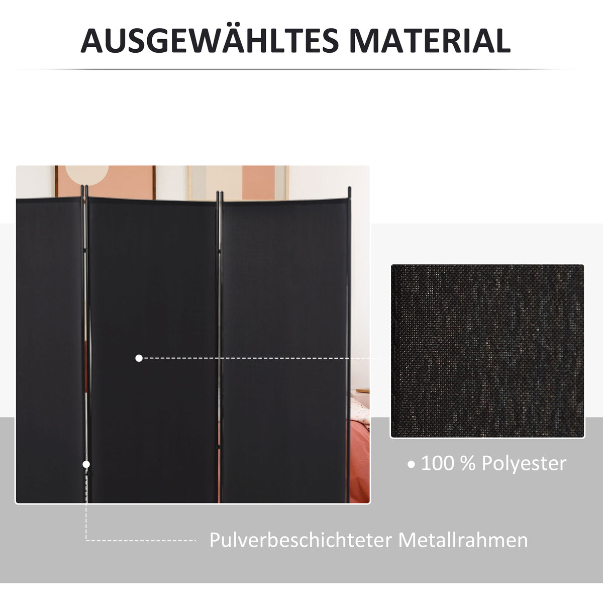 HOMCOM Raumteiler, 3-teiliger Sichtschutz, Raumtrenner mit Metallrahmen, Schwarz – Produktabbildung 5
