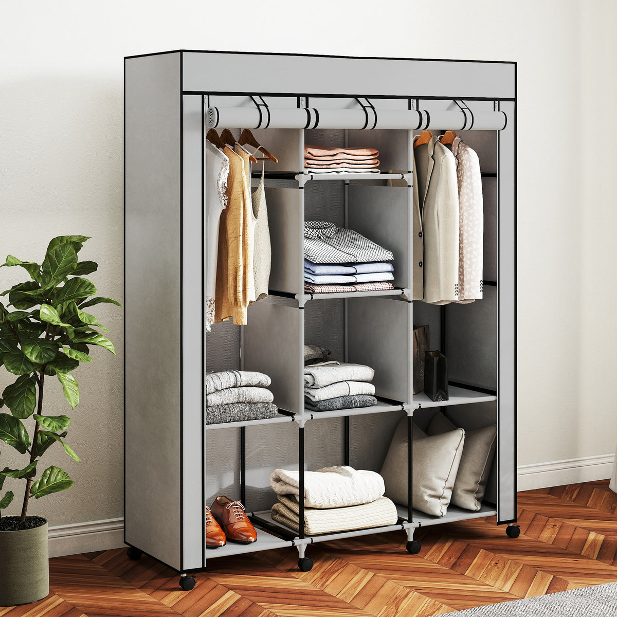 HOMCOM Schrank aus Stoff, Aufbewahrungslösung, 8 Regale, 2 Kleiderstangen, Grau – Produktabbildung 2