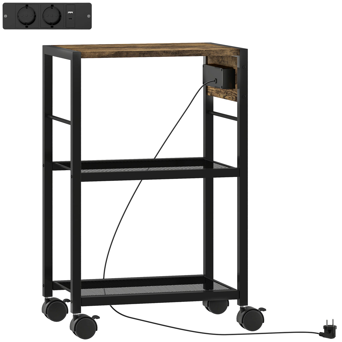 HOMCOM Druckerständer Druckeregal mit Rollen, Steckdosen, USB- und USB-C-Anschlüsse bis 40 kg Rustikalbraun