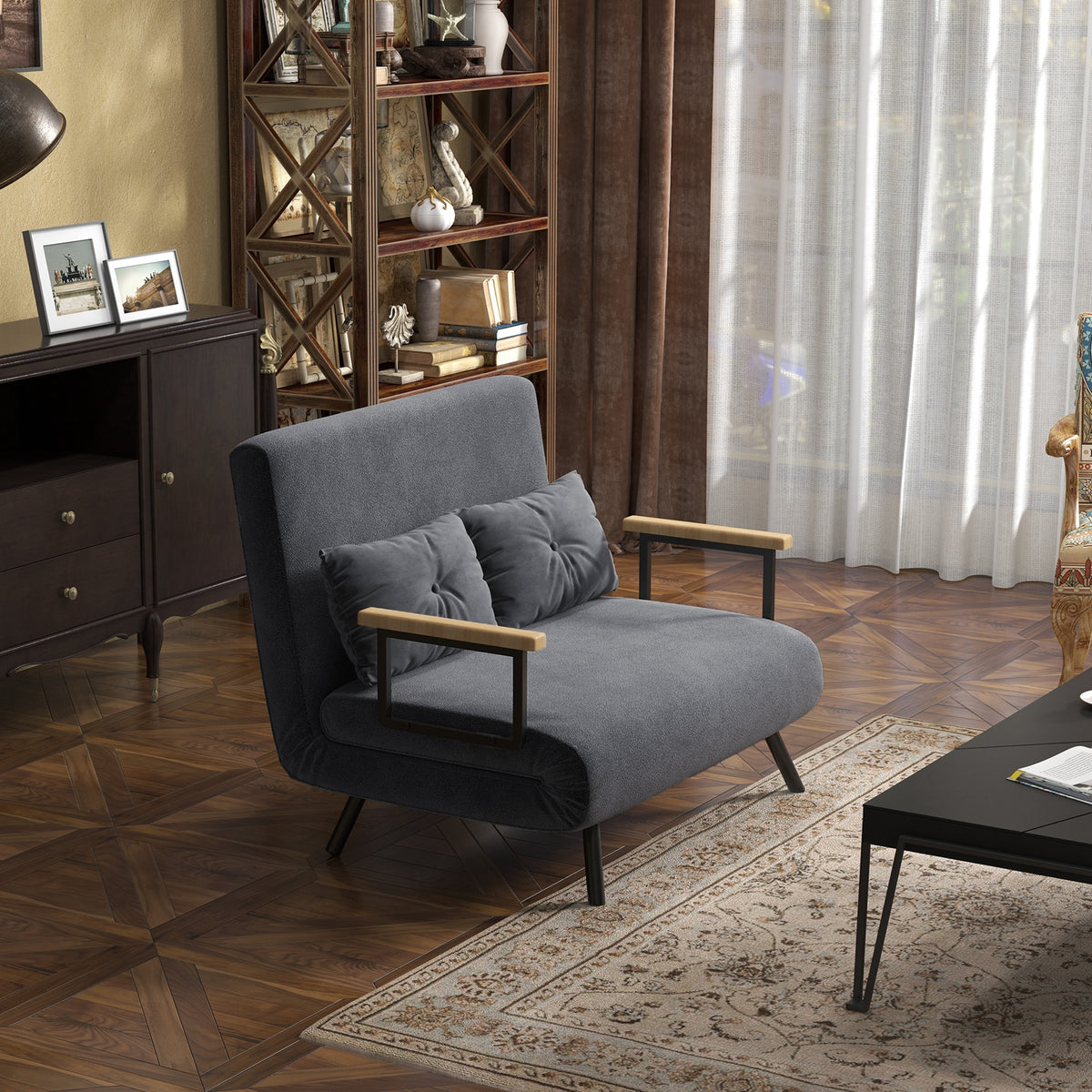 HOMCOM Schlafsofa 2er-Sofa Samtsofa, Schlaffunktion, inkl. 2 Kissen, Samtoptik, Natur + Dunkelgrau + – Produktabbildung 2