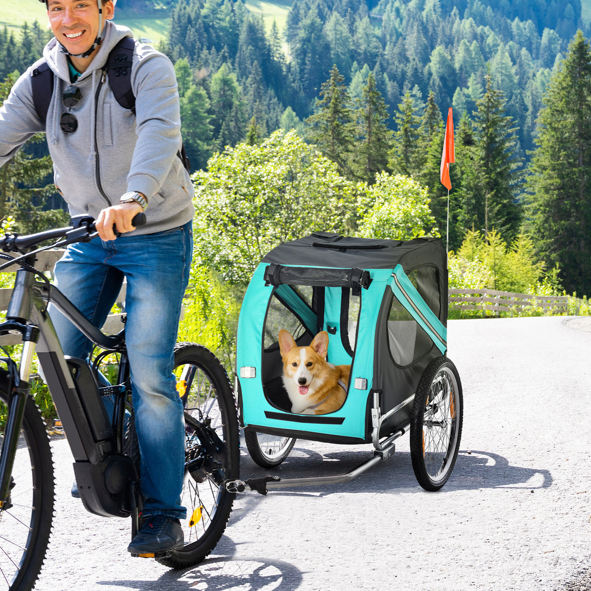 PawHut Haustieranhänger Hundeanhänger Fahrradanhänger bis 20kg klappbar Reflektor Regenschutz Stahl Grau – Produktabbildung 2