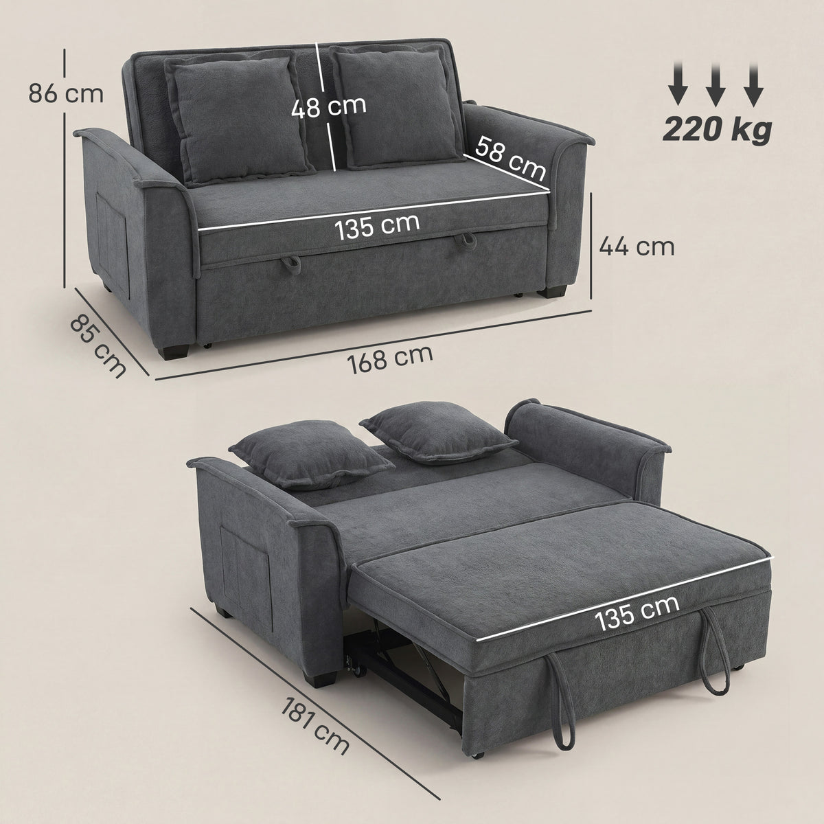 HOMCOM Futon-Schlafsofa, verstellbare Rückenlehne, 2-Sitzer mit 2 Kissen, Dunkelgrau – Produktabbildung 3