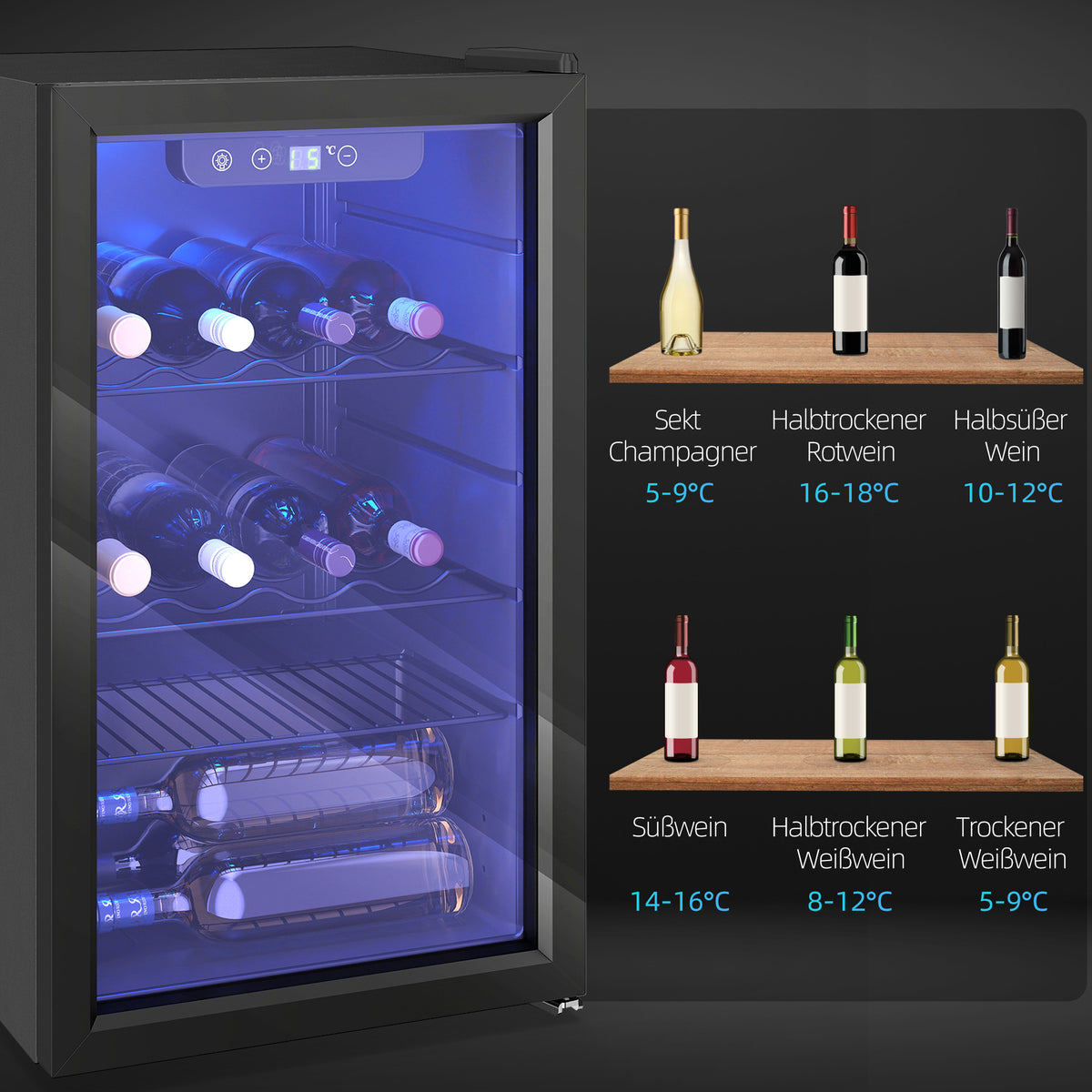 HOMCOM Weinkühlschrank 24 Flaschen, 68 Liter Kapazität, 4–16 °C Standgerät für Getränke, Bier und Wein – Produktabbildung 9
