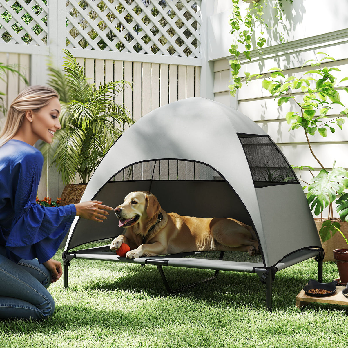 PawHut Hundeliege Outdoor mit Dach, Erhöhtes Hundebett für Große Hunde, 106 x 76 x 99 cm, Hellgrau – Produktabbildung 2