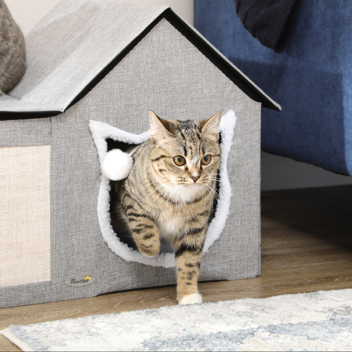 PawHut Katzenhaus mit Kratzfläche, inkl. Spielball, Katzenhöhle, 65 cm x 41 cm x 45.5H cm, Braun + Weiß – Produktabbildung 7