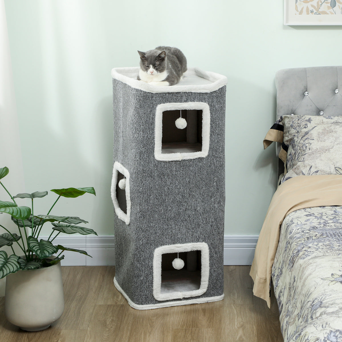 PawHut 4-stufiger Katzenturm, Kratzbaum mit 3 Höhlen, Spanplatte, Spielbälle, Grau – Produktabbildung 2