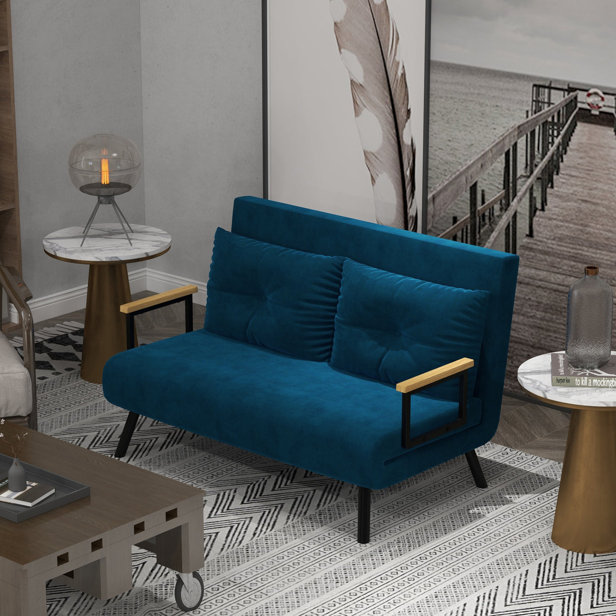 HOMCOM Schlafsofa 2er-Sofa Samtsofa, Schlaffunktion, inkl. 2 Kissen, Samtoptik, Natur + Blau – Produktabbildung 2