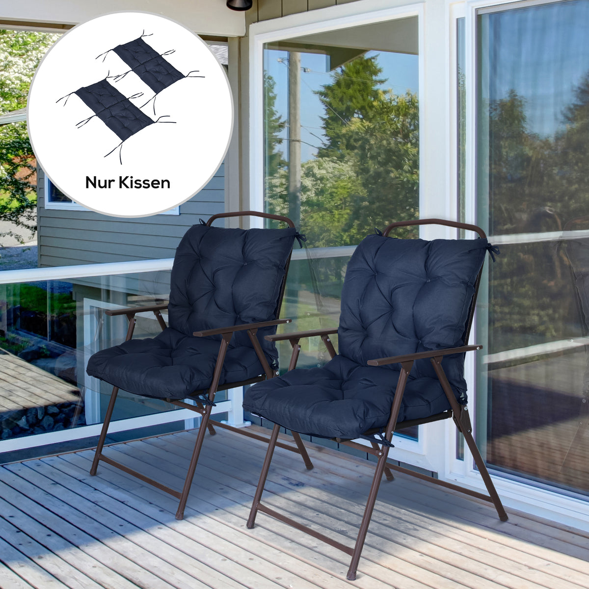 Outsunny 2er-Set Sitzkissen, 98 x 50 cm Stuhlkissen mit Bindebänder, Stoffbezug, 8cm dick Dunkelblau – Produktabbildung 2