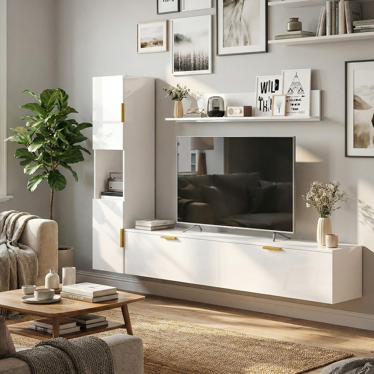 HOMCOM Schwebendes TV-Board mit Klapptüren Entertainment-Center Wandregal Schrank 180 cm Hochglanz Weiß – Produktabbildung 2
