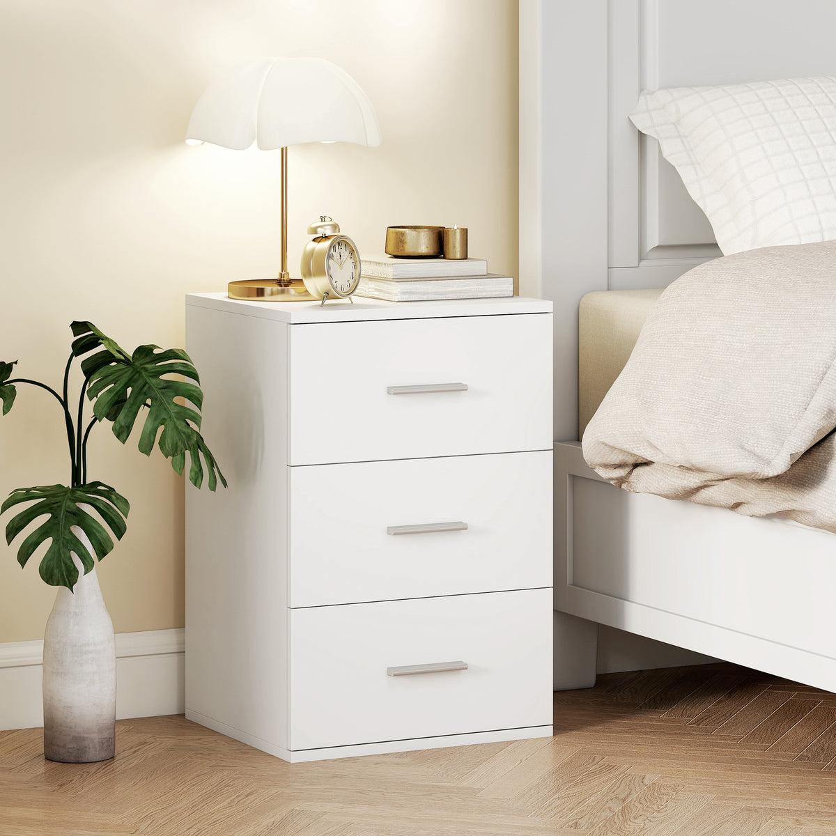 HOMCOM Nachttisch mit 3 Schubladen, Beistell-Kommode für Schlafzimmer, MDF, Weiß – Produktabbildung 2