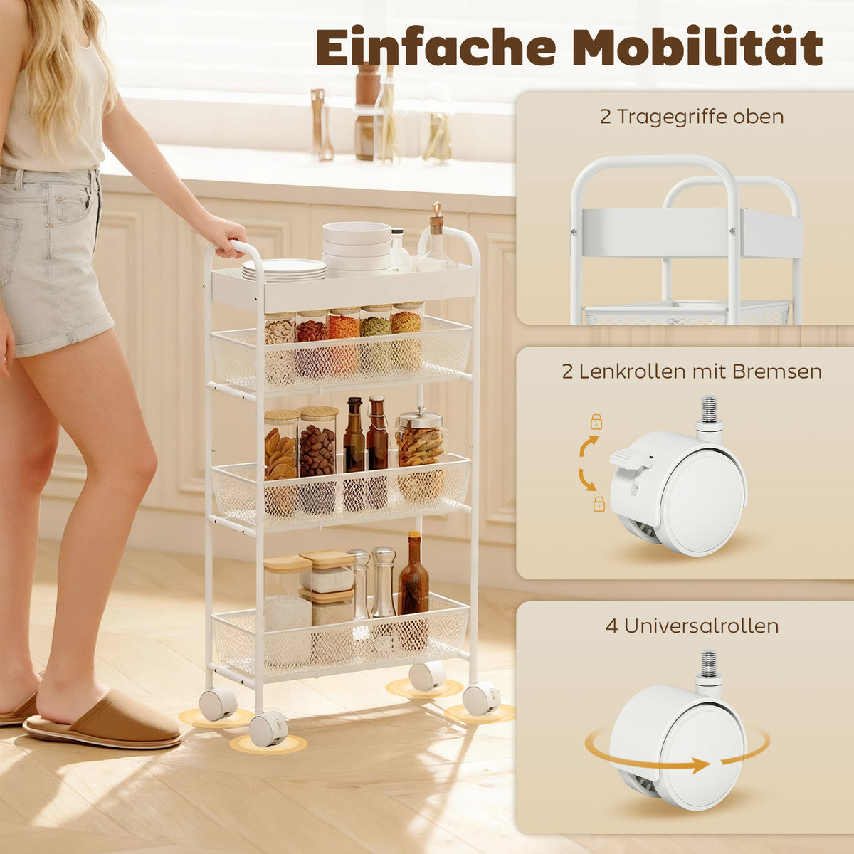 HOMCOM Küchenwagen aus Metall, 3 Körbe, schmales Design, 4 Räder, für Küche, Wohnzimmer, Badezimmer – Produktabbildung 7